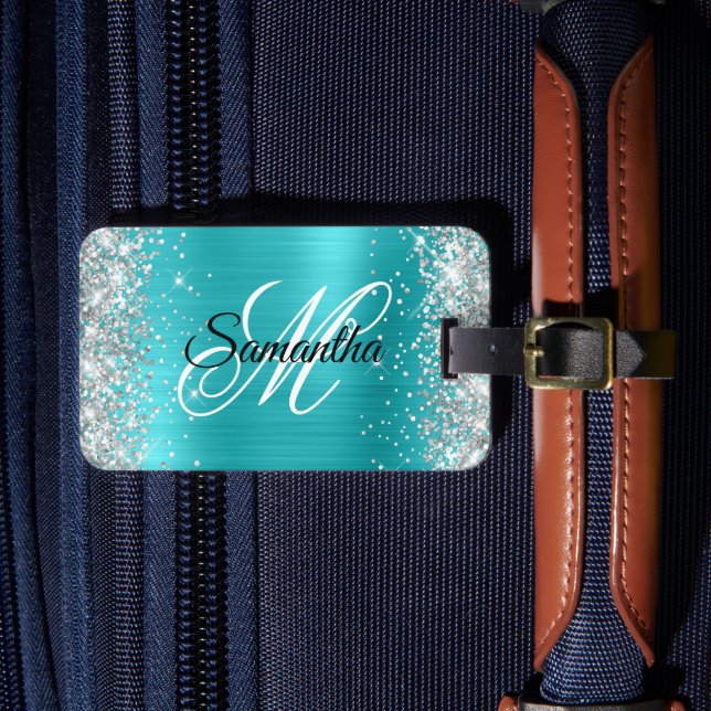 Silver Glitter Turkos Blå Folie Fancy Monogram Bagagebricka (Framsida Insitu 4)
