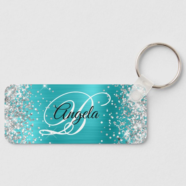Silver Glitter Turkos Blå Folie Fancy Monogram Nyckelring (Framsida)