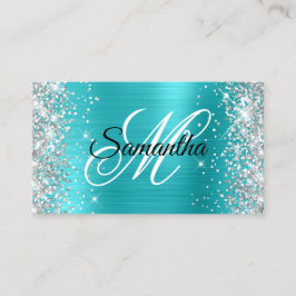 Silver Glitter Turkos Blå Folie Fancy Monogram Visitkort