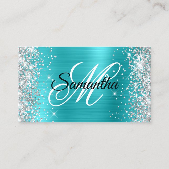 Silver Glitter Turkos Blå Folie Fancy Monogram Visitkort (Framsida)