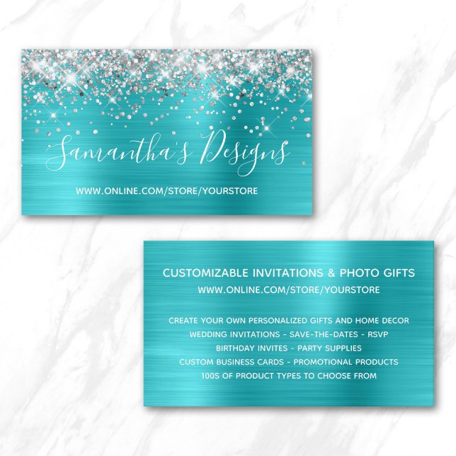 Silver Glitter Turkos Blå Folie Webbutik Visitkort (Silver Glitter Turquoise Blue Foil Online Store Business Card)