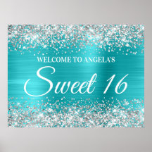 Silver Glitter Turkos Blå Sweet 16 Välkommen