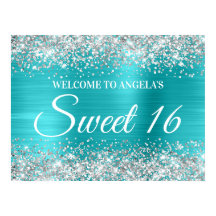 Silver Glitter Turkos Blå Sweet 16 Välkommen
