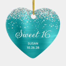Silver Glitter Turkos Blue Foil Sweet 16 Photo Julgransprydnad Keramik