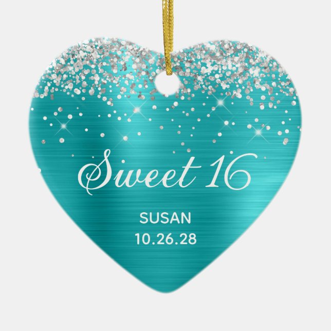 Silver Glitter Turkos Blue Foil Sweet 16 Photo Julgransprydnad Keramik (Framsidan)