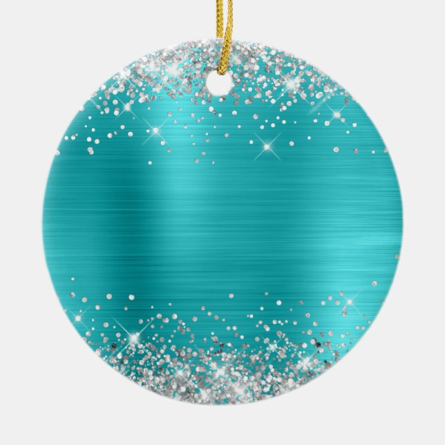 Silver Glitter Turkos Folie Blank Julgransprydnad Keramik (Framsidan)