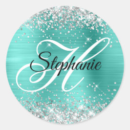 Silver Glitter Turkos Folie Fancy Monogram Runt Klistermärke