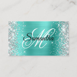 Silver Glitter Turkos Folie Fancy Monogram Visitkort