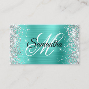 Silver Glitter Turkos Folie Fancy Monogram Visitkort