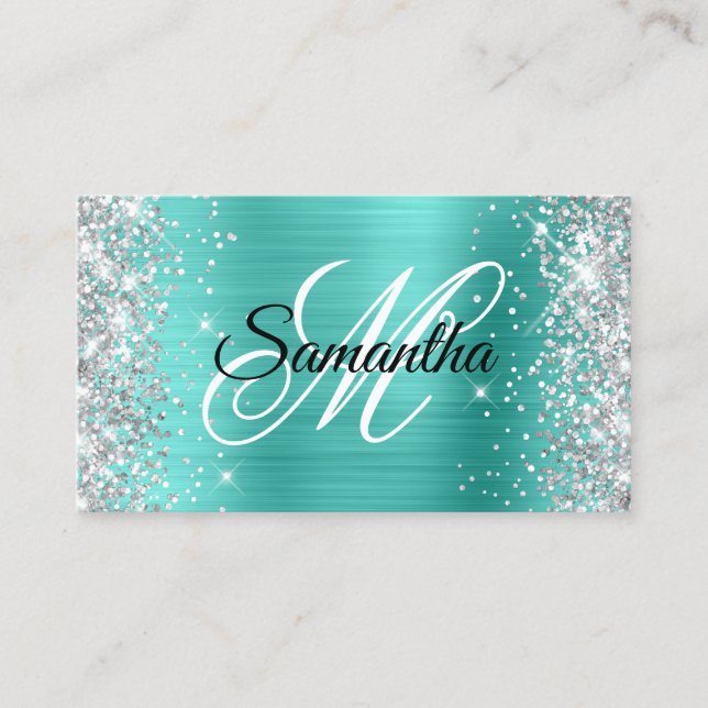 Silver Glitter Turkos Folie Fancy Monogram Visitkort (Framsida)