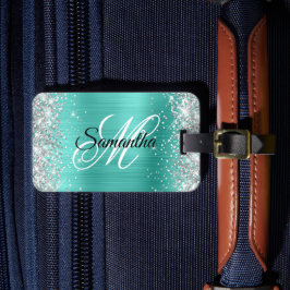 Silver Glitter Turkos Folie Snygg Monogram Bagagebricka