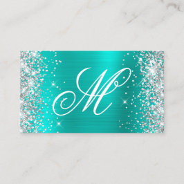 Silver Glitter Turkos Folie Snygg Monogram Visitkort