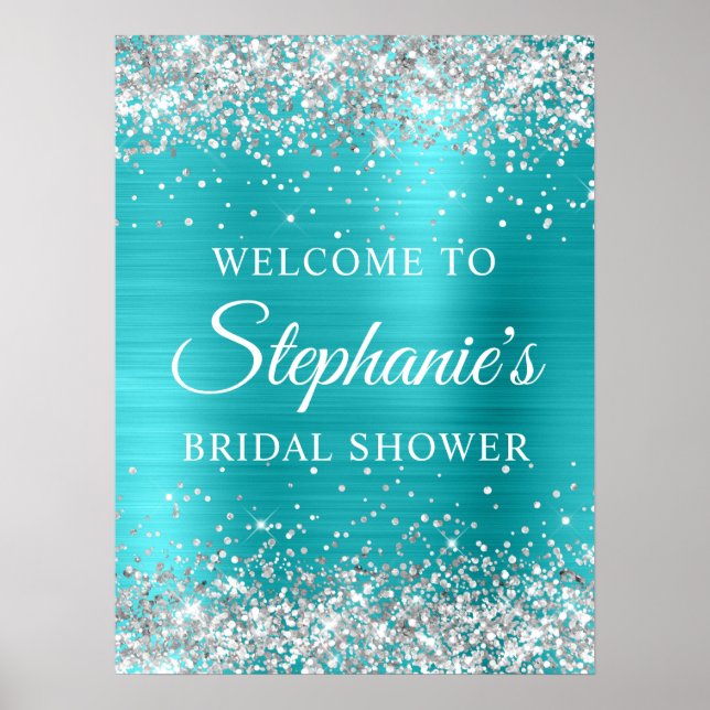 Silver Glitter Turqouise Blue Foil Bridal Shower Poster (Framsidan)