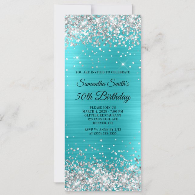 Silver Glitter Turquise Blue Foil 50 Birthday Inbjudningar (Framsida)
