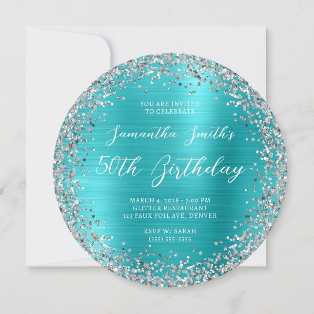 Silver Glitter Turquise Blue Foil 50 Birthday Inbjudningar (Framsida)