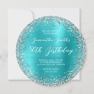 Silver Glitter Turquise Blue Foil 50 Birthday Inbjudningar