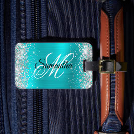 Silver Glitter Turquise Blue Foil Finare Monogram Bagagebricka