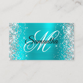 Silver Glitter Turquise Blue Foil Finare Monogram Visitkort