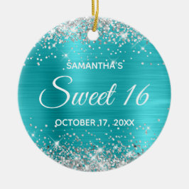 Silver Glitter Turquise Blue Foil Sweet 16 Julgransprydnad Keramik