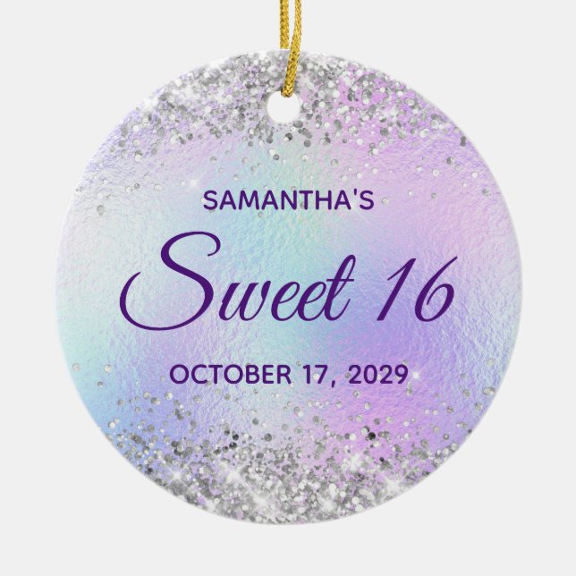 Silver Glitter Turquise Blue Foil Sweet 16 Julgransprydnad Keramik (Framsidan)