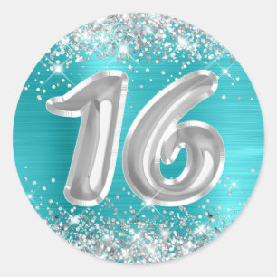 Silver Glitter Turquise Blue Number 16 Birthday Runt Klistermärke