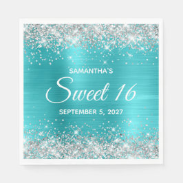 Silver Glitter Turquise Blue Ombre Foil Sweet 16 Pappersservett