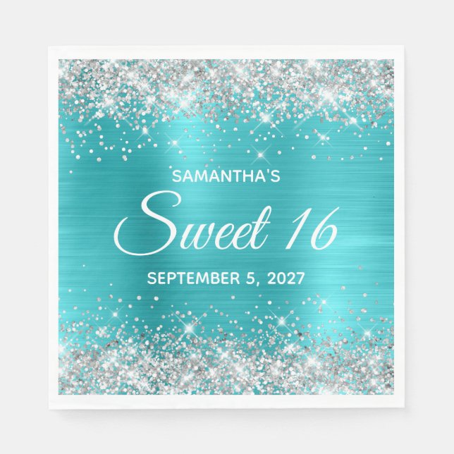 Silver Glitter Turquise Blue Ombre Foil Sweet 16 Pappersservett (Framsidan)