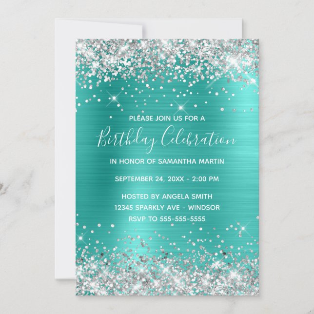 Silver Glitter Turquise Foil Birthday Celebration Inbjudningar (Framsida)