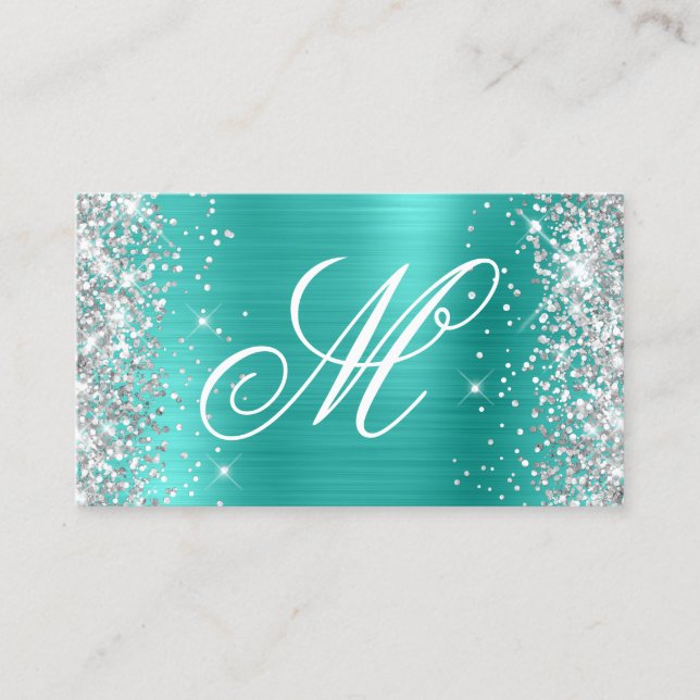 Silver Glitter Turquise Foil Finare Monogrammed Visitkort (Framsida)