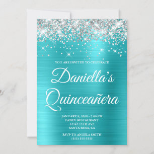Silver Glitter Turquoise Blå Folie Quinceañera Inbjudningar