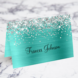 Silver Glitter Turquoise Enkla Platskort Bordsnummer
