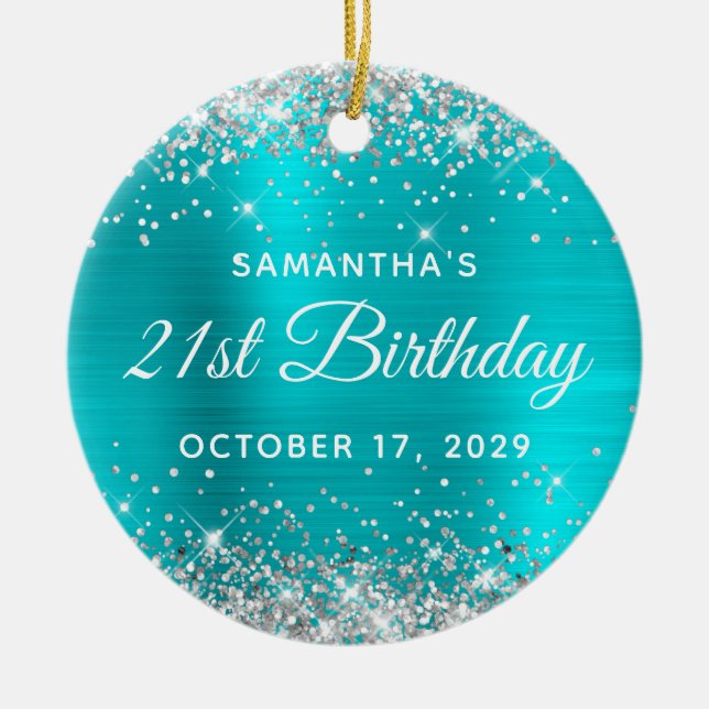 Silver Glitter Turquoise Foil 21st Birthday Julgransprydnad Keramik (Framsidan)