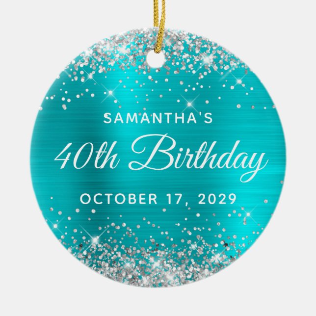 Silver Glitter Turquoise Foil 40th Birthday Julgransprydnad Keramik (Framsidan)