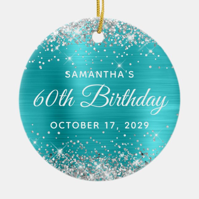 Silver Glitter Turquoise Foil 60th Birthday Julgransprydnad Keramik (Framsidan)