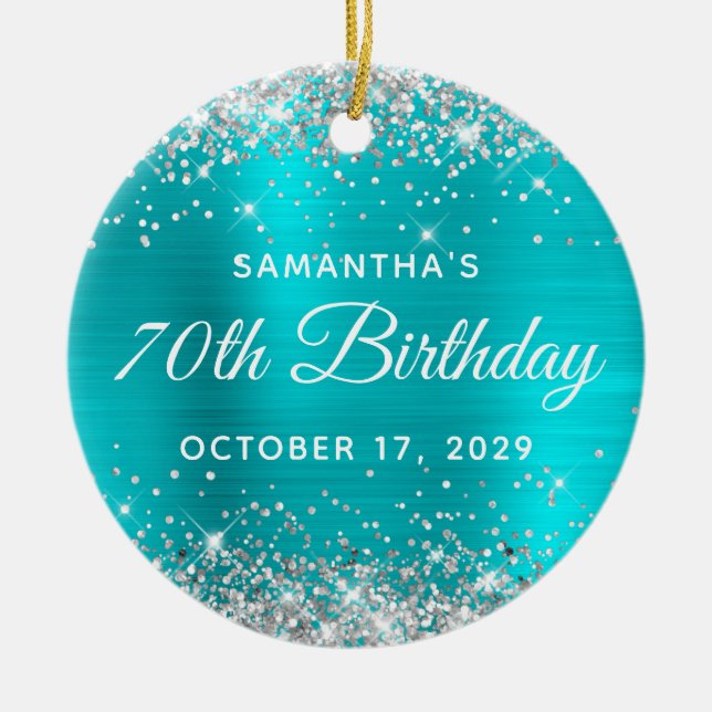 Silver Glitter Turquoise Foil 70th Birthday Julgransprydnad Keramik (Framsidan)