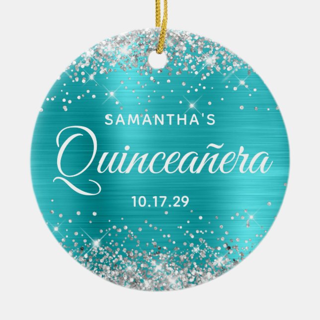 Silver Glitter Turquoise Foil Quinceañera Julgransprydnad Keramik (Framsidan)