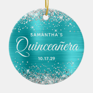 Silver Glitter Turquoise Folie Quinceañera Julgransprydnad Keramik