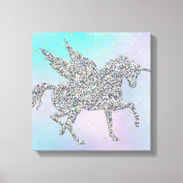 Silver Glitter Unicorn på Pastel Canvastryck (Framsida)