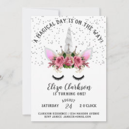 Silver Glitter Unicorn Princess Birthday Inbjudningar