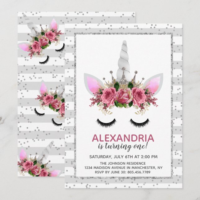 Silver Glitter Unicorn Princess Birthday Inbjudningar (Fram/baksida)
