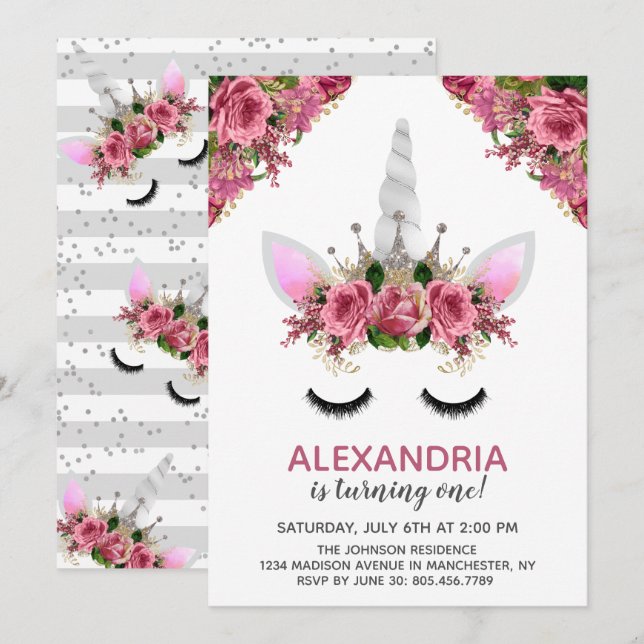 Silver Glitter Unicorn Princess Birthday Inbjudningar (Fram/baksida)