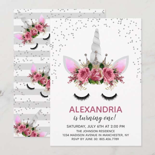 Silver Glitter Unicorn Princess Birthday Inbjudningar (Fram/baksida)