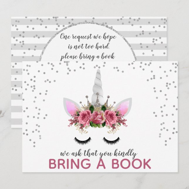 Silver Glitter Unicorn Princess för Bok Inbjudningar (Fram/baksida)