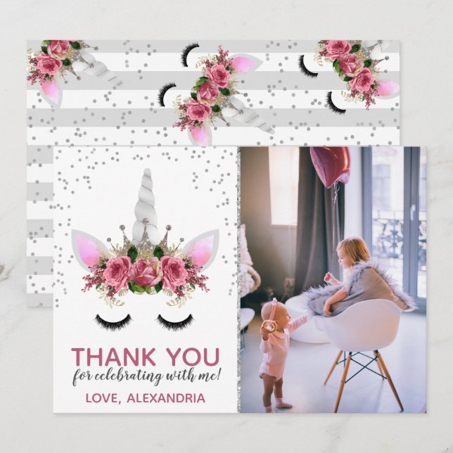 Silver Glitter Unicorn Princess Tack Inbjudningar (Fram/baksida)