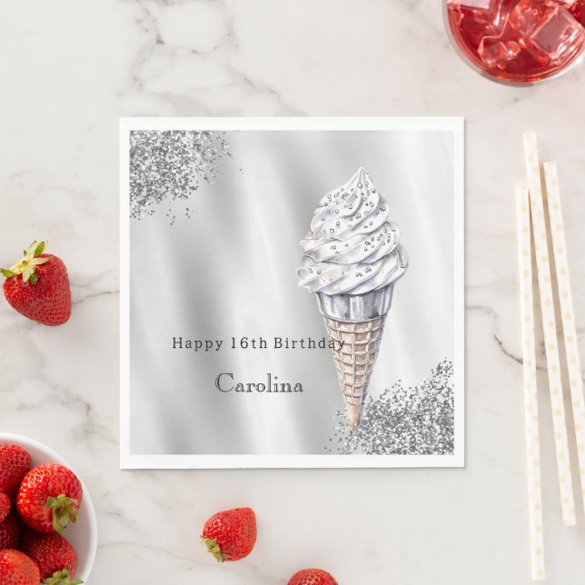 Silver Glitter Vanilla Ice Cream Cone Birthday Pappersservett (Insitu)