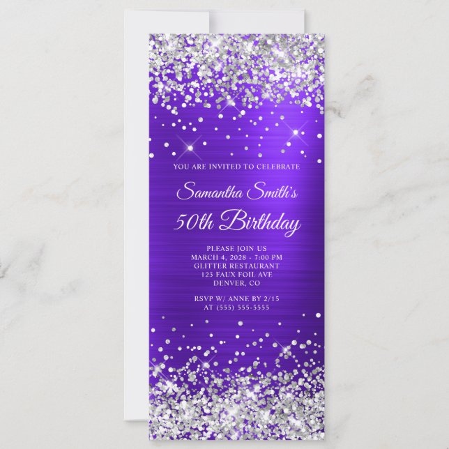 Silver Glitter Violet Indigo 50:e födelsedagen Inbjudningar (Framsida)