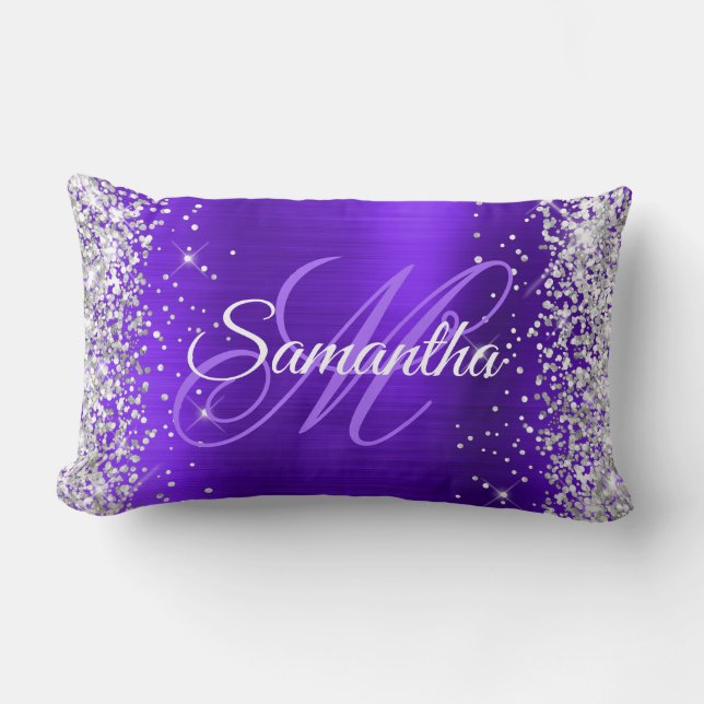 Silver Glitter Violet Indigo Foil Finare Monogram Lumbarkudde (Framsida)