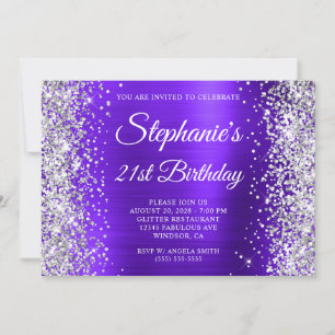Silver Glitter Violet Monogram 21:a födelsedagen Inbjudningar