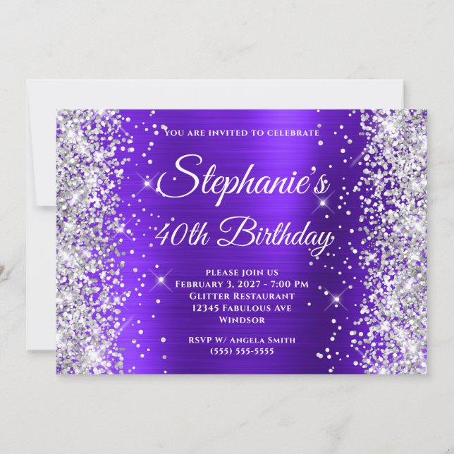 Silver Glitter Violett Fancy Monogram 40-årsfirand Inbjudningar (Framsida)