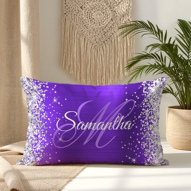 Silver Glitter Violett Indigo Folie Fancy Monogram Lumbarkudde (Silver Glitter Violet Indigo Foil Fancy Monogram Lumbar Pillow)